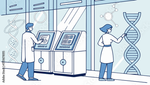Illustration of scientists in lab studying dna and molecules for scientific research