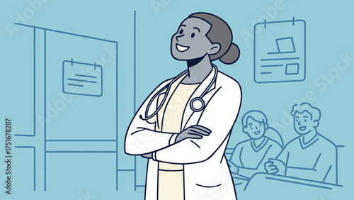 Female doctor healthcare professional with stethoscope in hospital waiting room scene