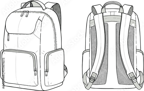 Backpack front and rear view, zipper pockets, padded straps, mesh panel, cad drawing, flat vector illustration, school bag design