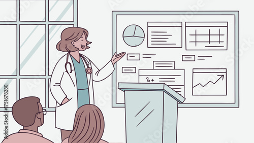 Medical presentation doctor giving healthcare advice to audience conference meeting