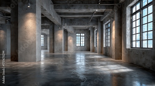 Wallpaper Mural A large, empty concrete industrial space with big windows. Ideal for backgrounds, showrooms, or creative studio projects. Torontodigital.ca