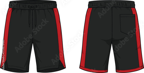 Black athletic shorts front and back view, red side panels, drawstring waist, patch pocket, sportswear design, casual fashion apparel