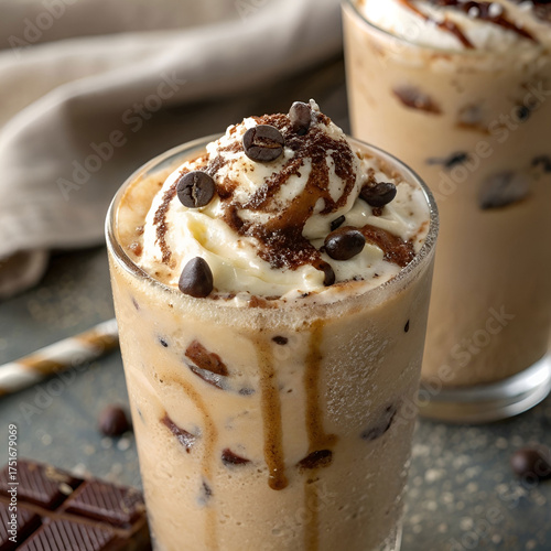 macro image of a cold coffee milkshake with chocolate drizzle