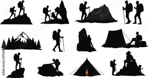 Adventure hikers and mountain climbers silhouette vector illustration set, featuring trekking, camping, and outdoor exploration scenes with tents, peaks, and forest landscapes isolated.