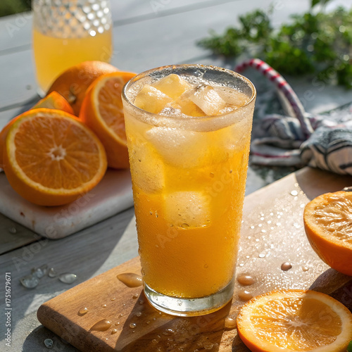 refreshing orange juice with pulp and ice cubes served chilled