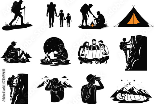 Adventure camping and hiking silhouette vector illustration set with family, climbers, tents, campfire, explorers using binoculars, and people sleeping under night mountains
