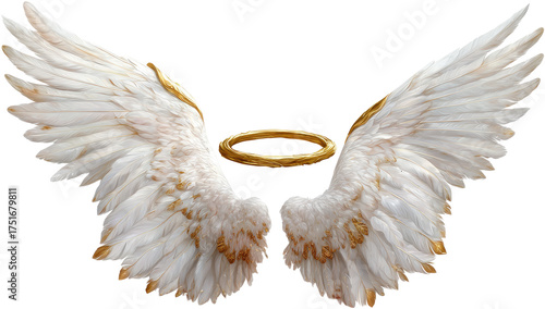 Pair of large, white angel wings with a golden halo (1)