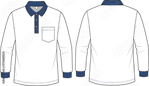 cad drawing flat vector illustration, polo shirt technical sketch, front and back view, fashion template, garment design, clothing blueprint