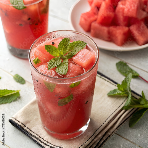 ultra realistic photo of watermelon juice with small fruit chunks