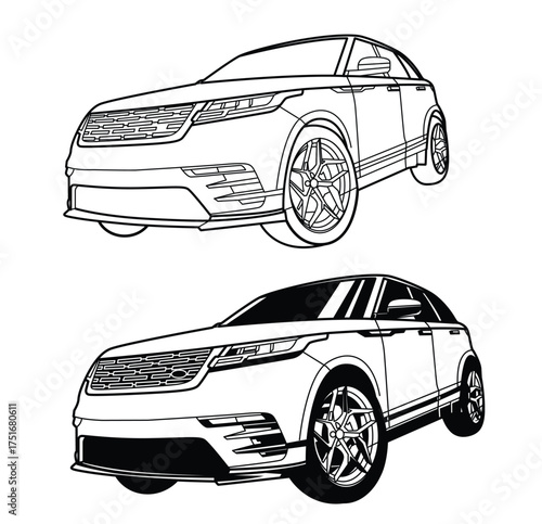SUV car line art black and white illustration