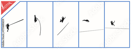 Silhouette of pole vault training in the stadium. Vector with different poses.