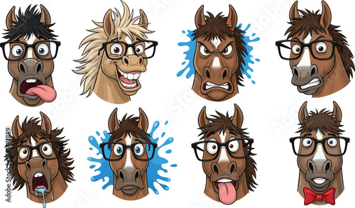 Funny cartoon horse faces vector illustration set showing different emotions and expressions, wearing glasses and bow tie isolated on white background for design