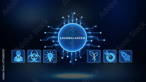 Digital network load balancer connecting global data flow with diverse icons representing business growth innovation security and speed abstract technology concept