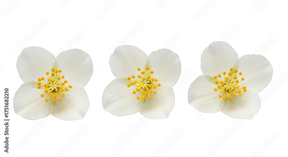 Obraz premium Three White Jasmine Flowers Isolated On Black Background