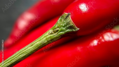 A close-up of a red chili pepper showing its vivid red skin and green stem in sharp detail.