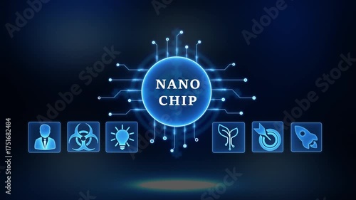 Futuristic Nano Chip Technology Circuit Board Icons Business Innovation Growth Biohazard Idea Launch Target Success Digital Abstract Background