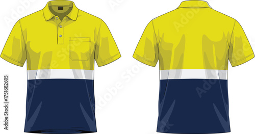 Color block polo shirt, yellow white navy blue, short sleeve casual wear, front back view, fashion flat design, cad drawing flat vector illustration