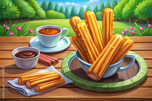 Spanish churros with chocolate sauce wallpaper vector crispy golden sticks served hot, popular European street dessert.