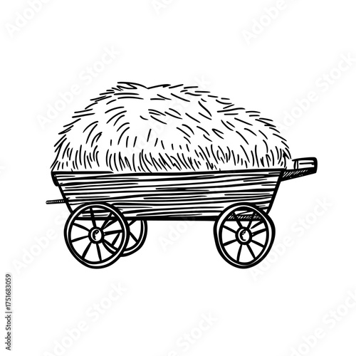Hand drawn wooden hay cart filled with loose straw bundle farm wagon sketch illustration in black and white line art style vector isolated on white background