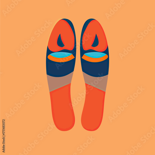 Minimalist colorful foot masks with abstract tribal face design on orange background flat vector illustration of wellness accessory for skincare and spa treatments