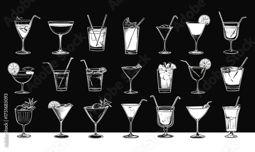 Black and white minimalist vector illustration of assorted cocktail drinks in various glass types with garnishes straw and ice cubes line art collection for beverage design