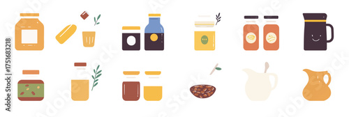 Set of flat style pantry staples and condiments icons with jars bottles pitchers olive oil honey jam and coffee beans vector illustration isolated on white background