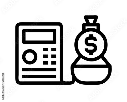 Calculator and money bag representing finance