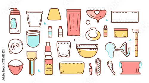 Flat minimalist vector illustration of feminine hygiene products set including pads cups tampons bottles and applicators for intimate care