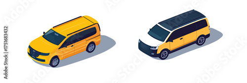 Isometric yellow sedan taxi and yellow minivan with black roof detailed vector icons with shadows and highlights isolated on white background in flat style
