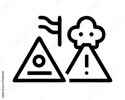 Icon depicting hazards, including toxic gas and volcanic eruption