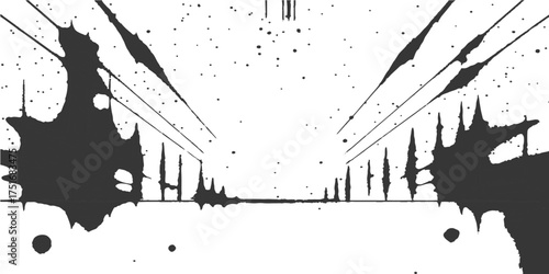 An abstract black ink splat silhouette of an urban vintage city architecture drawing on a grunge vector background