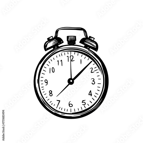 Hand drawn black and white sketch vintage alarm clock illustration with two bells and detailed minute second hands on white background vector