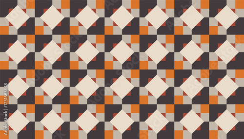 Retro geometric pattern in orange, cream, and dark brown tones with a rhythmic layout.