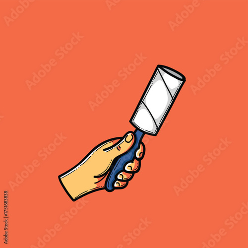 Cartoon Hand Gripping Pet Sticky Hair Remover Roll Tool in Bold Pop Art Style on Bright Orange Background