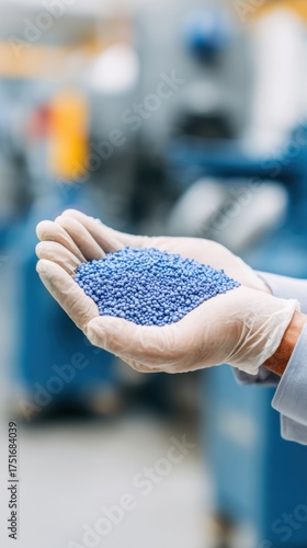 Wallpaper Mural Close-Up of a Hand Holding Blue Plastic Pellets in a Manufacturing Environment, Highlighting the Importance of Raw Materials in Production Processes Torontodigital.ca