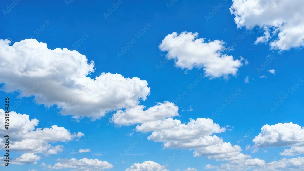 Fototapeta premium Bright white cumulus clouds float across a clear blue sky.