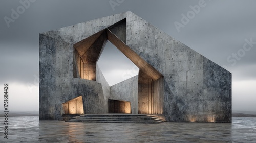 Deconstructed abstract building exterior with jagged edges raw concrete and unexpected asymmetrical cutouts avant-garde style