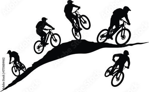 Mountain bikers riding on uphill and downhill trail silhouette vector illustration, extreme cycling sport athletes performing stunts and jumps for outdoor adventure design
