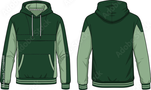 Green two-tone hoodie technical sketch, front and back view, kangaroo pocket, striped cuffs, drawstring hood, cad drawing flat vector illustrationGreen two-