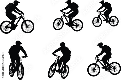 Mountain bikers riding bicycles in different dynamic poses silhouette vector illustration, outdoor cycling athletes wearing helmets and backpacks for adventure, competition, and sport design
