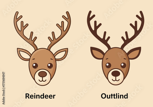 Side-by-side cartoon heads of a reindeer and an 'Outtlind' deer, showcasing their similar features.