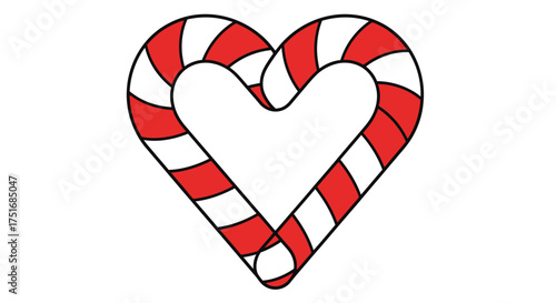 Graphic illustration of a heart outline created from two festive red and white striped candy canes.