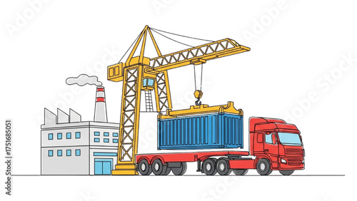 Continuous Line Art of Cargo Trucks, Containers, and Cranes Around a Factory – Minimalist Black Outline Depicting Global Logistics, Transportation, and Industrial Connectivity