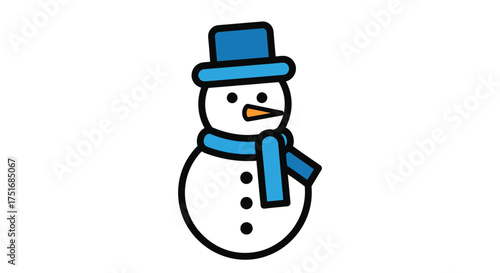 A simple cartoon snowman wearing a blue top hat and scarf, with a carrot nose and button eyes, against a white background.