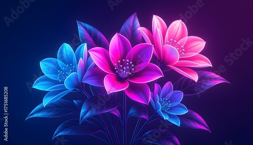 Vibrant Neon Flowers in Blue and Pink on Dark Background