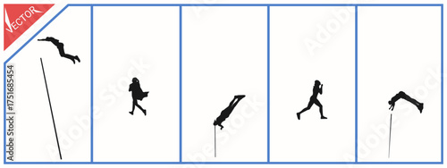 Vector set of pole vault athletes. Black silhouette on white background.