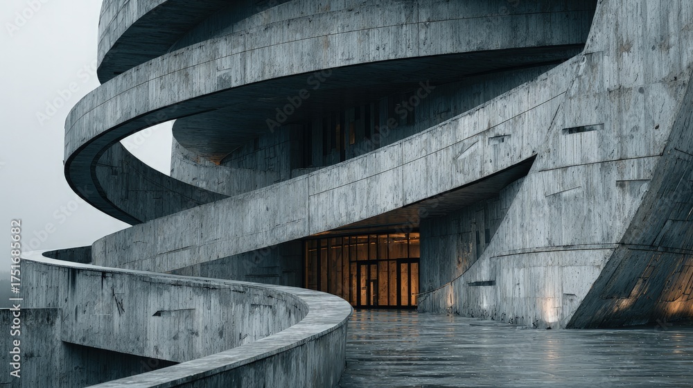 Fototapeta premium Exterior of a modern abstract building with layered concrete geometry and a futuristic aesthetic