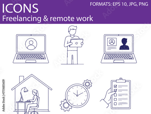Vector art of icons representing freelancing and remote work, including laptops, video calls, and home office setup