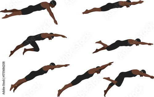 Professional swimmer diving and performing freestyle stroke vector illustration, athlete training in swimming motion poses, aquatic sports exercise concept on white background