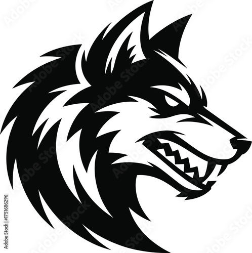 Black and White Aggressive Wolf Head Illustration snarling